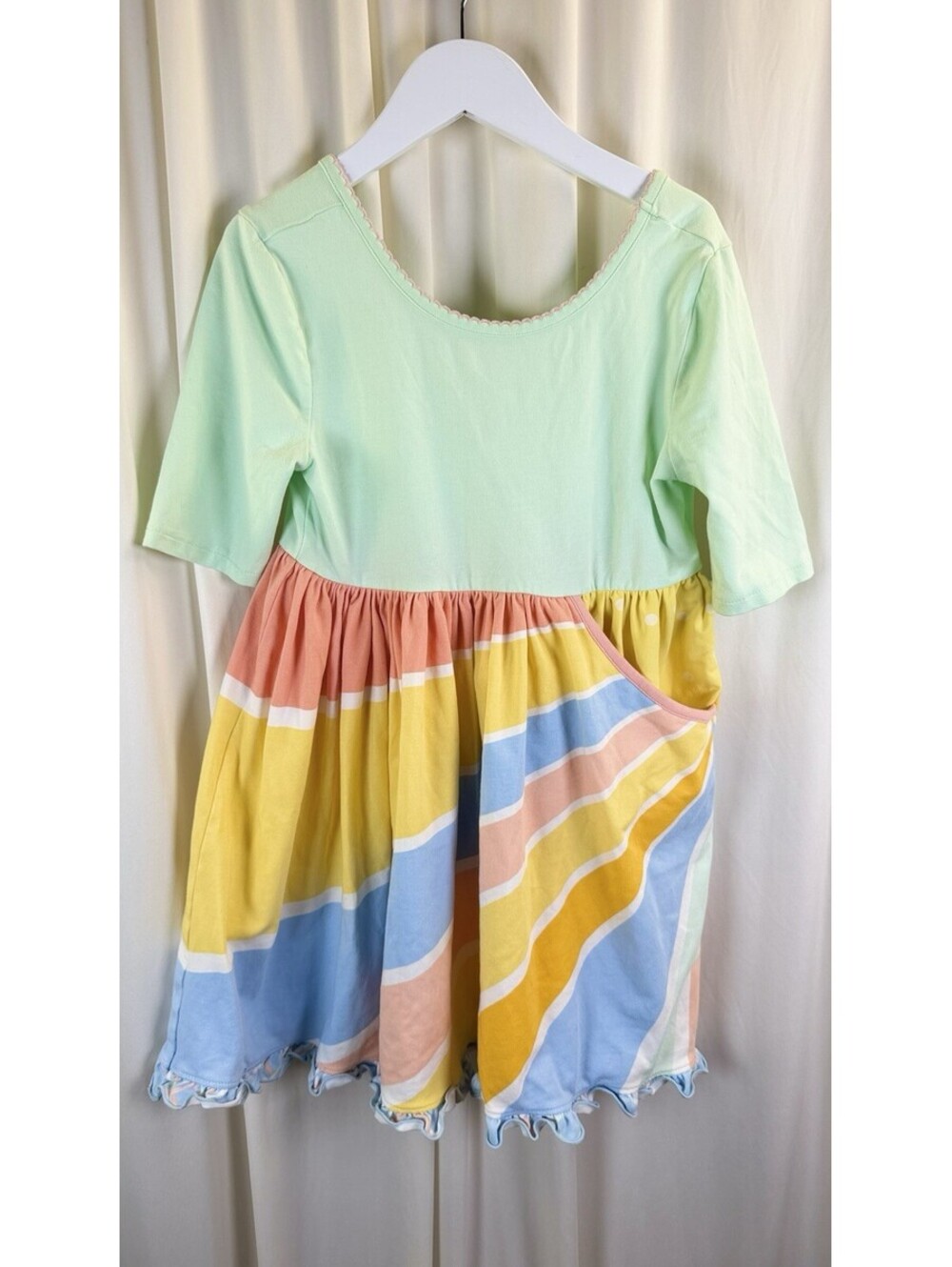 Matilda Jane Dress Girls 8 Mint Green Rainbow Stripe Twirl Ruffle Twirl Pastel